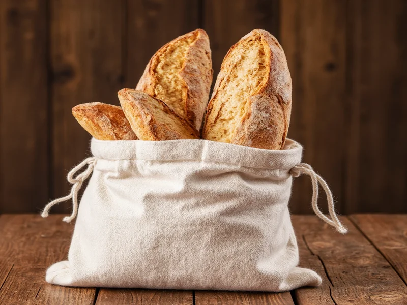 Linen bread bag holding rustic sourdough loaf on wooden table