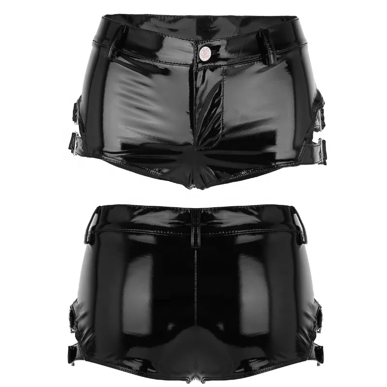 

Women Lingerie Wet Look Patent Leather Low Rise Clubwear Black Mini Shorts Hot Pants