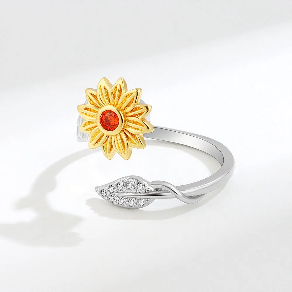 

Women Sunflower Spinner Open Adjustable Ring Anxiety Relieving Stress CZ Flower Jewelry Anxiety Ring Anillos Para La Ansiedad