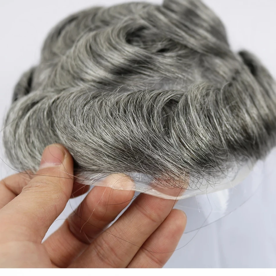 

Super Thin Skin Human Hair 0.04-0.05MM Men's Toupee #1b80 #1b65 Gray Hair Toupee Hair Replacement System