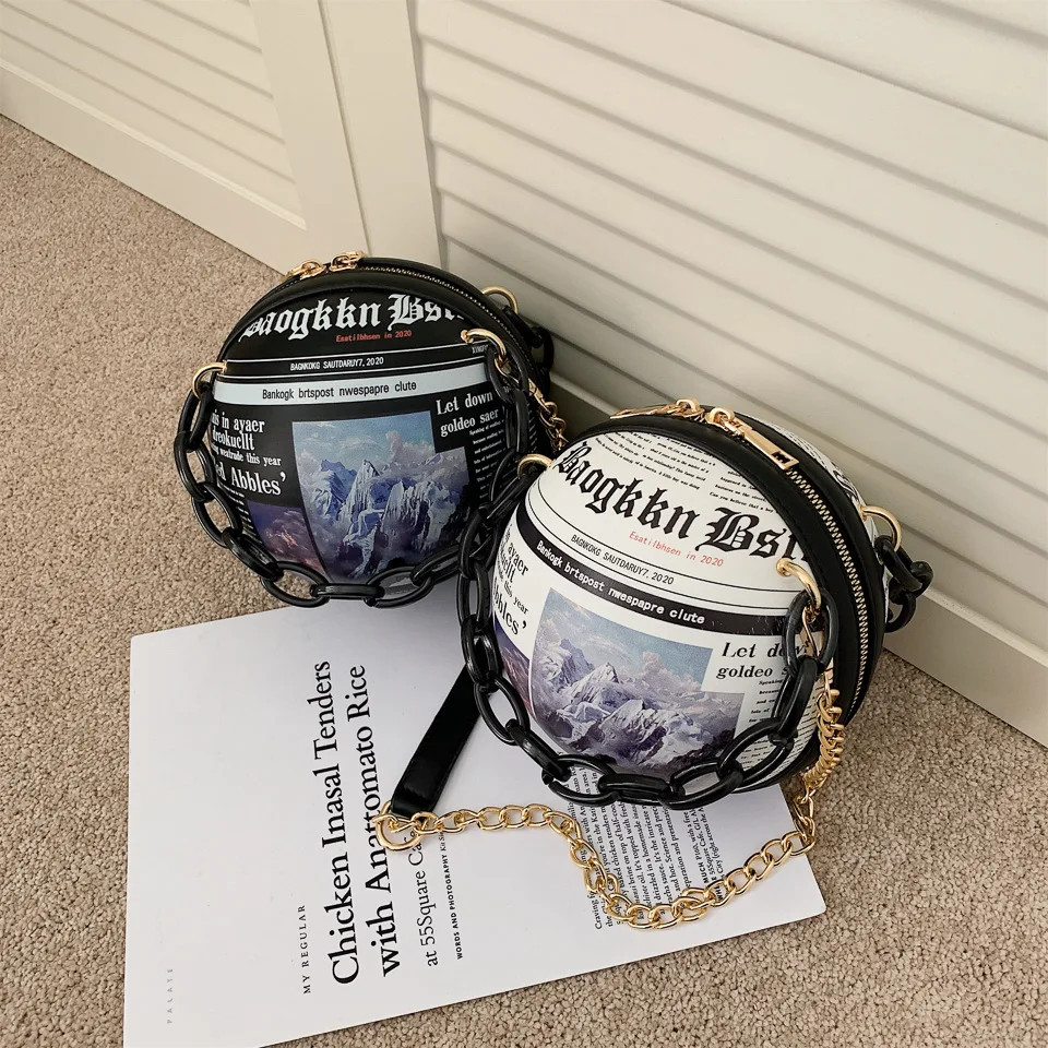 

Dropshipping Newspaper Print Basketball Shaped Round Bag handbags for women luxury designer bags ladies hand bags, Black/white