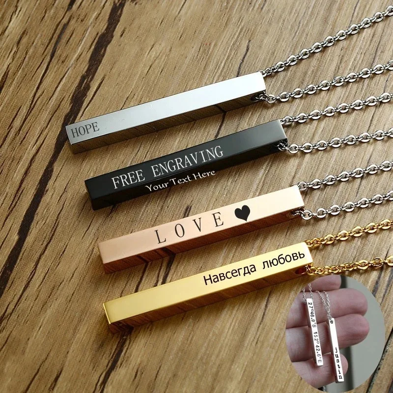 

Personalised Custom Name Necklace Fashion Customized Stainless Steel Thin Vertical Rectangular Bar Pendant Chain Necklace, Picture