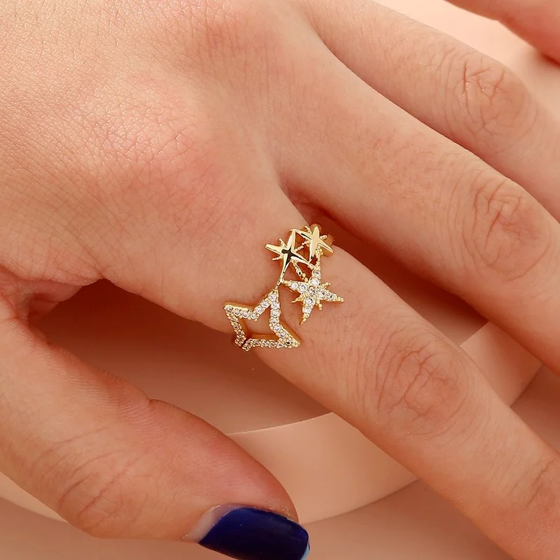 

Five-pointed Star Ring Exquisite Jewelry Small Design Diamond Star Open Ring