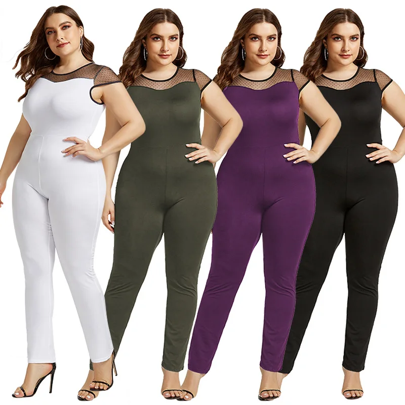 

F20042A new hot sale mesh stitching sexy plus-size fashion short-sleeved round-neck jumpsuit for women, White, burgundy, black, army green