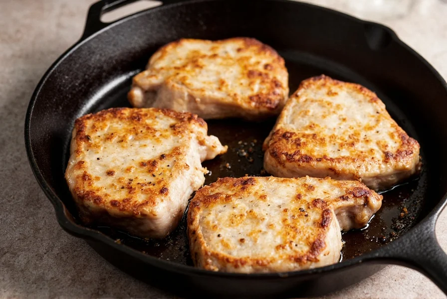 Perfectly seared salt and pepper pork chops with golden crust on cast iron skillet