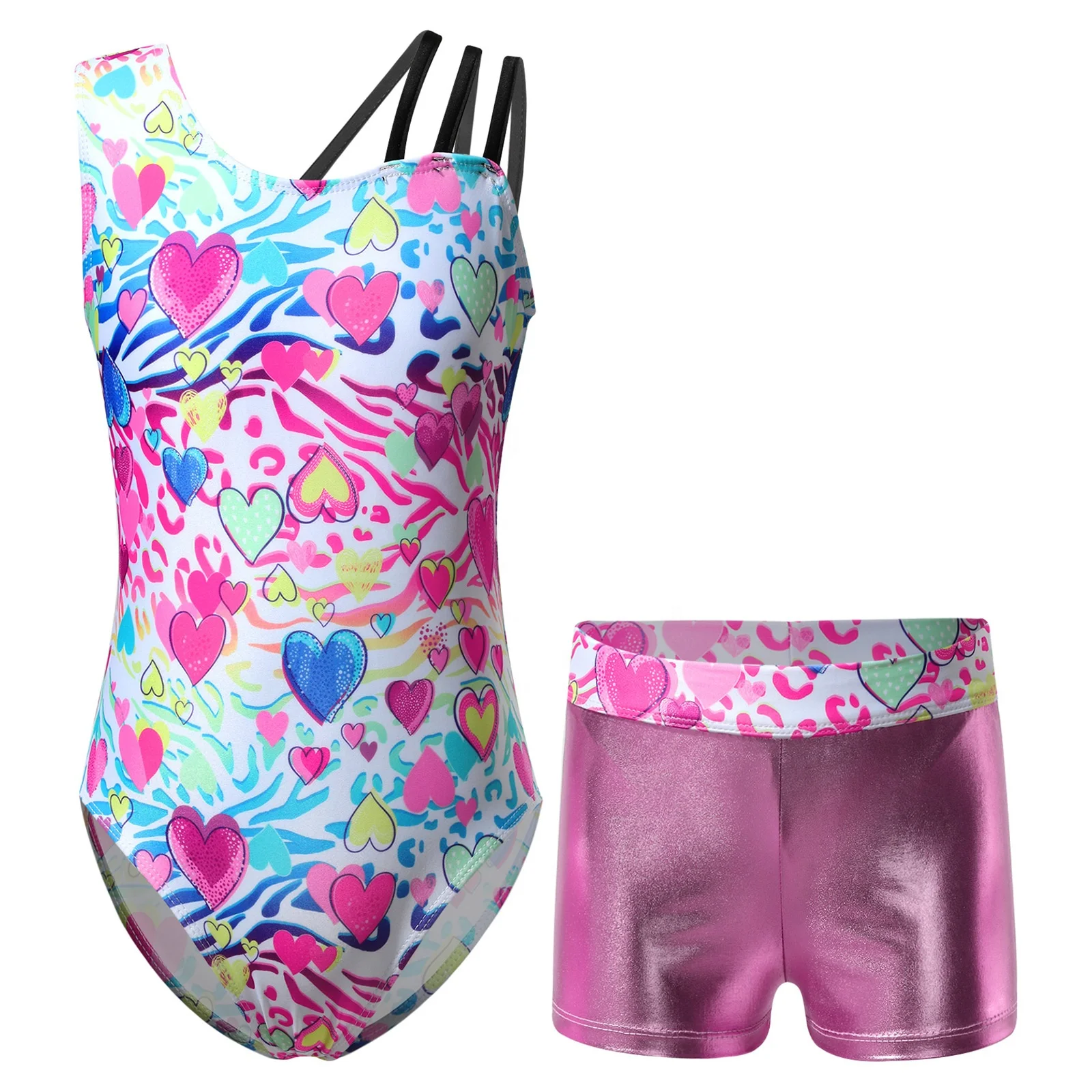

Fashion Kids Girls Asymmetric Shoulder Strap Printed Leotard with Shorts Set for Gymnastic Yoga Dance Sports