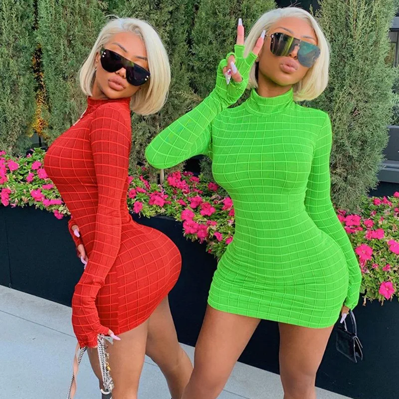 High neck with gloves sexy mini dress women plaid party club streetwear dresses