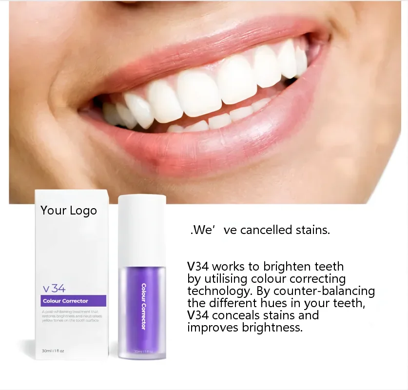 

Home Use Enamel Care Teeth Whitening Purple toothpaste high smile v34 color corrector OEM