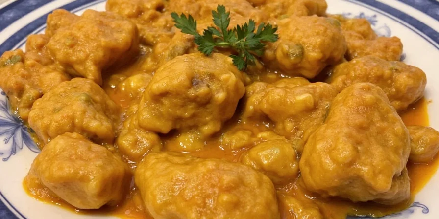 Plated butter chicken with naan and garnishes
