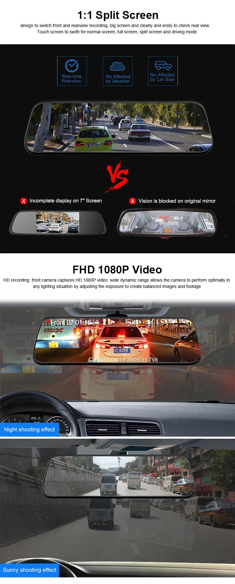 1080P Dash Cam Car DVR 10 "Οπίσθια όψη ροής Οθόνη αφής Οθόνη αφής Super night vision Κάμερα εγγραφής βίντεο Αυτόματη εγγραφή Dashcam