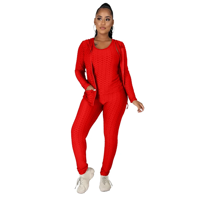 

New design Spice three Piece hoddies with vest and Butt Lifter Yoga Pants red sweatsuit tracksuits