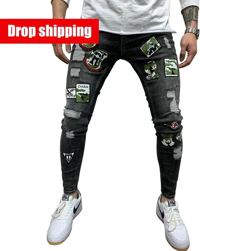 

New high street camouflage patch ripped slim fit jeans men's stretch casual jeans