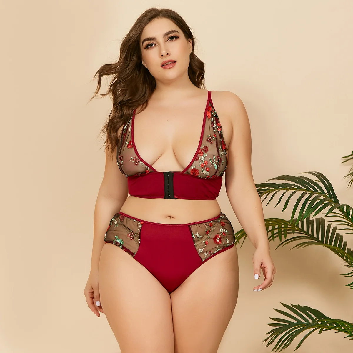 

See through lace sexy bra set transparent plus size women sexy revealing lingerie, Black, wine red