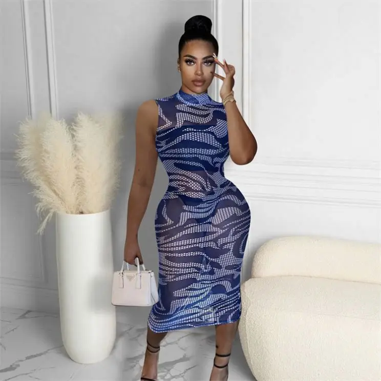 

MOEN Hot Selling Summer 2021 Sleeveless Casual Irregular Dot Print Women Elegant Sheath Midi Mesh Dress