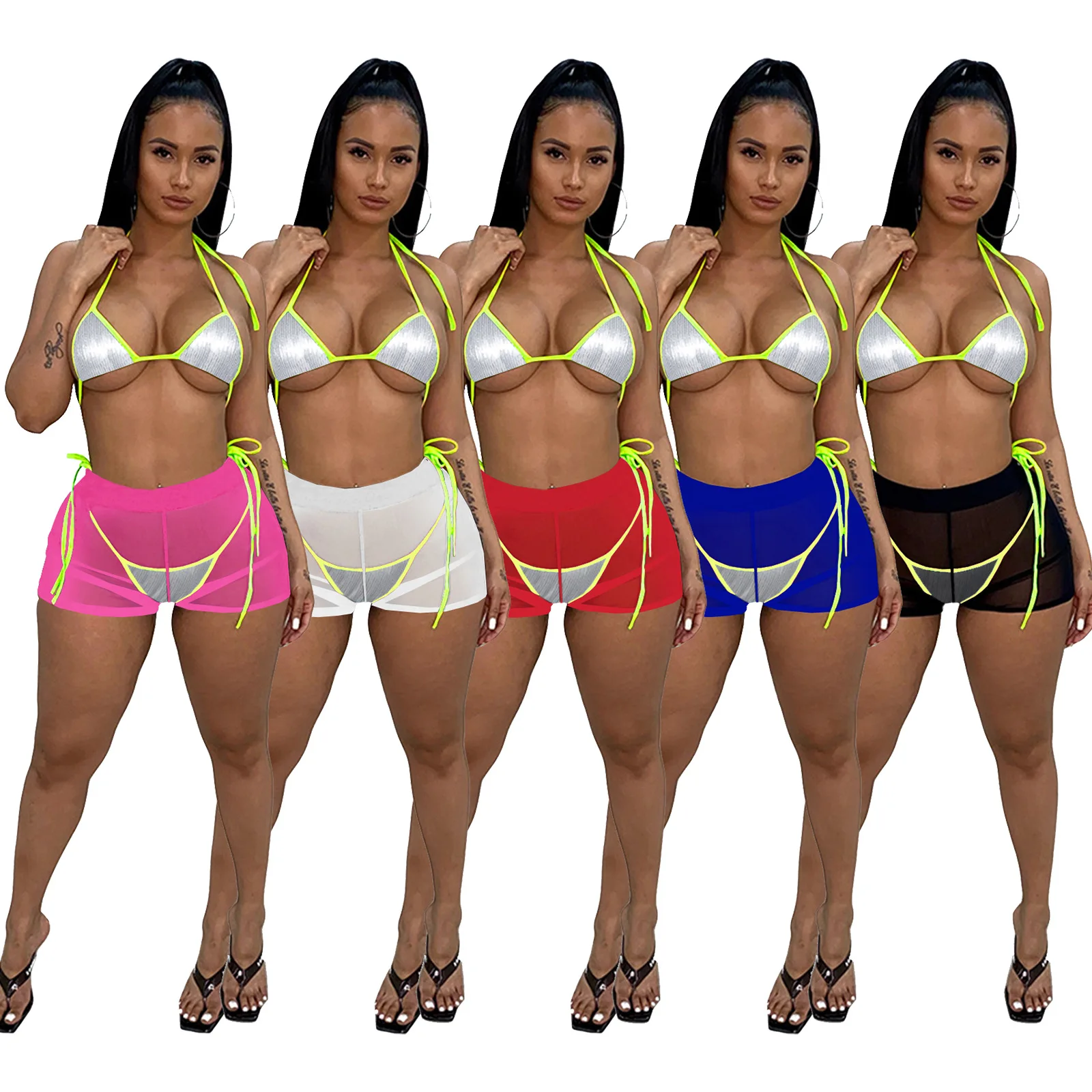 

2021 New Arrivals Fashion Women Sexy Neck Drawstring Bra Panties See-through Mesh Short Pants 3 Pieces Set Glitter Bikini, Picture show