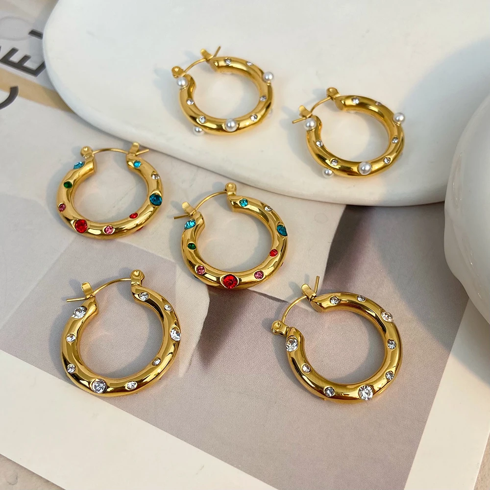 

Waterproof Stainless Steel 18K Gold Plated Inlaid Pearls Jewelry Gift Zircon Hoop Earrings for Women