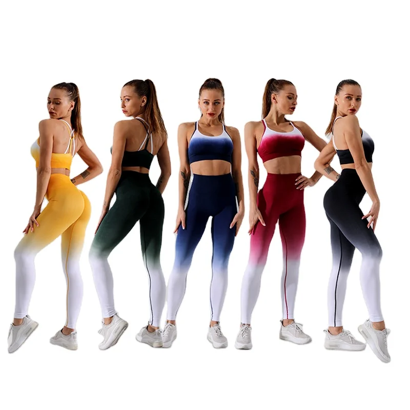 

Wholesale ladies gradient bright color sports fitness yoga seamless two piece leggins and bra set