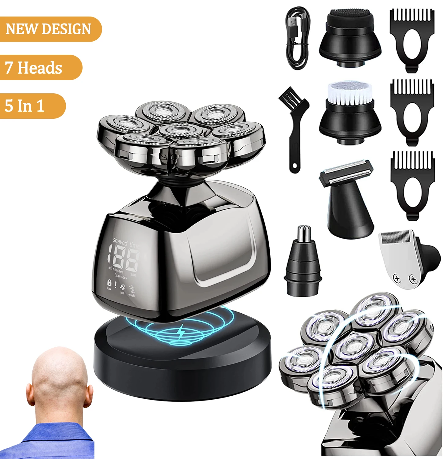 

Hot Sale 5 in 1 Grooming Kit Electric Razor Bald Men Beard Trimmer Shaving Machine Rotary Waterproof Electric Hair Shaver