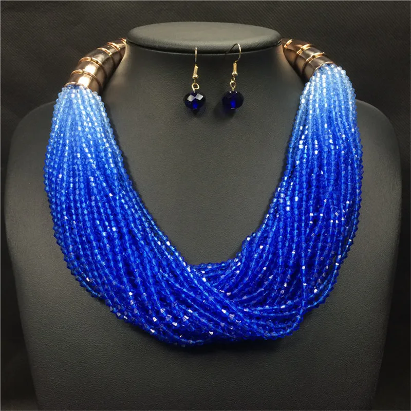 

Fashion exaggerated multilayer gradient resin multilayer necklace earring set, Gold and silver