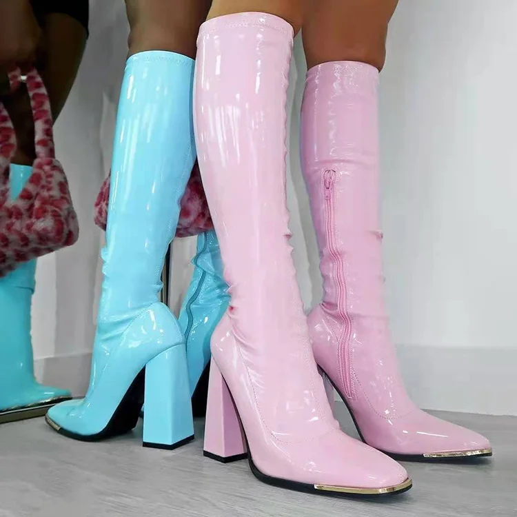 

Fashion Square Toe Heels 2021 Winter Solid Zipper Design Glossy Womens Chunky Boots, White,green,black,pink,light blue