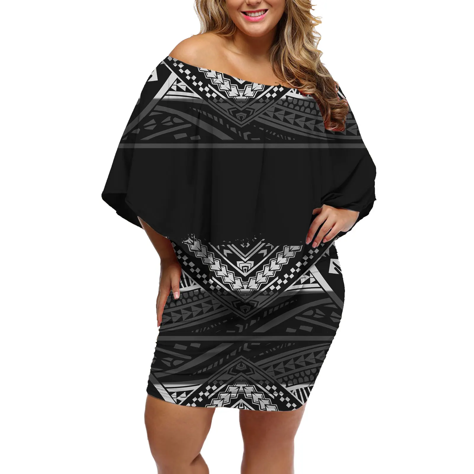

Black print frill dresses for women Polynesian tribal design off shoulder dresses custom high quality Casual dress low price, Customized color