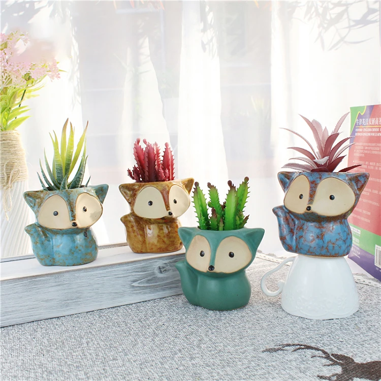 

Co-Arts Ceramic Animal Fox Pot Four Colors Artificial Potted Succulent Set Plants, Customized