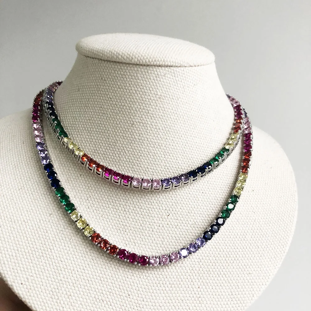 

High Quality 3mm Hip Hop Men Rainbow Tennis Chain Necklace CZ Iced