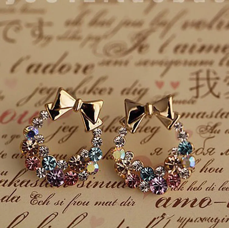 

2021 new sweet round color diamond bow stud earrings, Picture shows