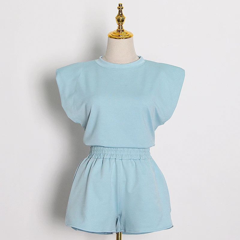 

CHICEVER Elegant Women Two Piece Set O Neck Sleeveless T-shirt Top High Waist Slim Shorts Casual Suit Fashion Clothes