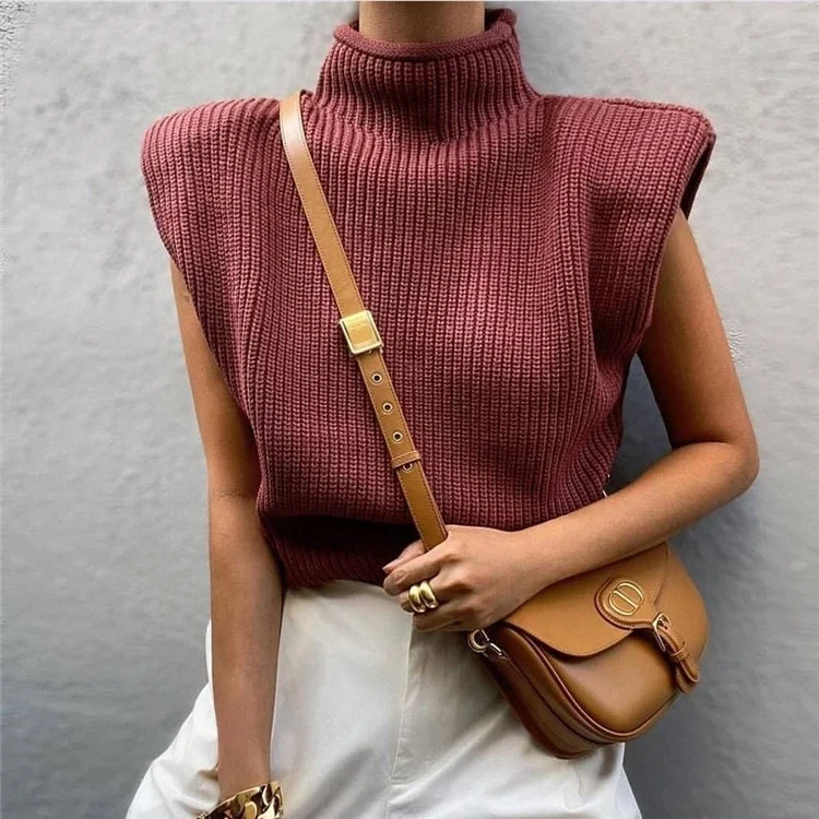 

Autumn Winter Fashion Knitted Women Sweater Solid Color Turtleneck Sleeveless Padded Shoulder Sweater Tops