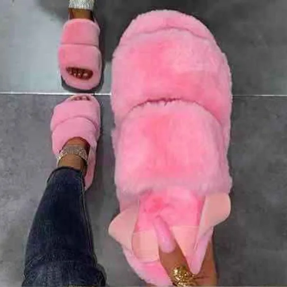 

Solid Candy Color Elastic Back Strap Double Fur Band Women Sandals Platform Open Round Toe Slippers Slingback Lady Slides Shoes, Black,pink,yellow,green