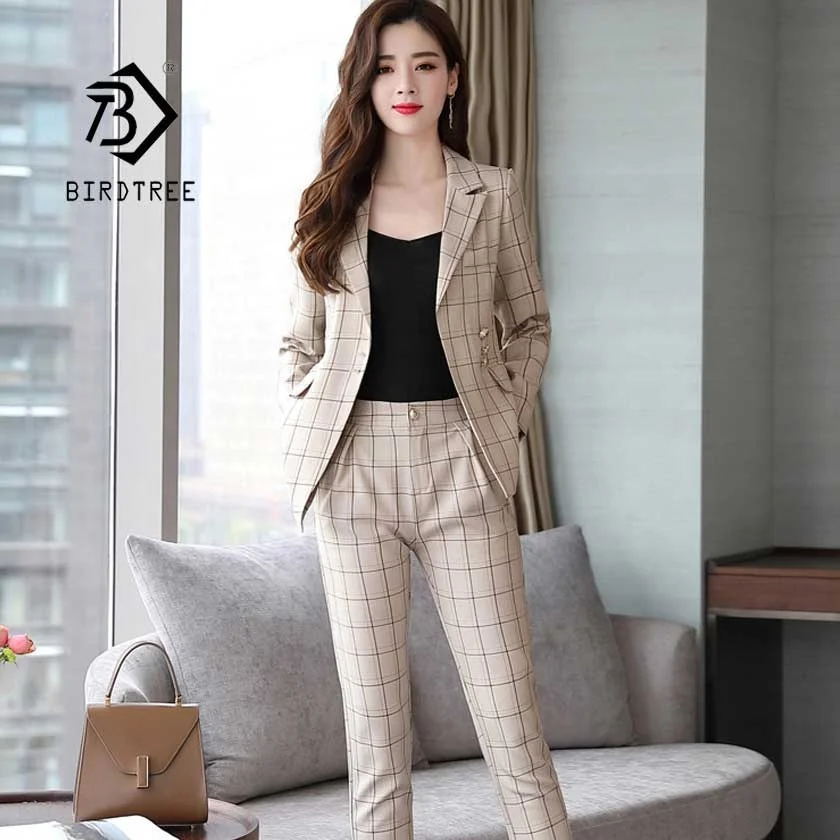 

OL Office Lady Female Notched Collar Slim Blazer Jackets Pants 2 Pieces Set Women's Plaid Pants Suits S90908B, Black,khaki