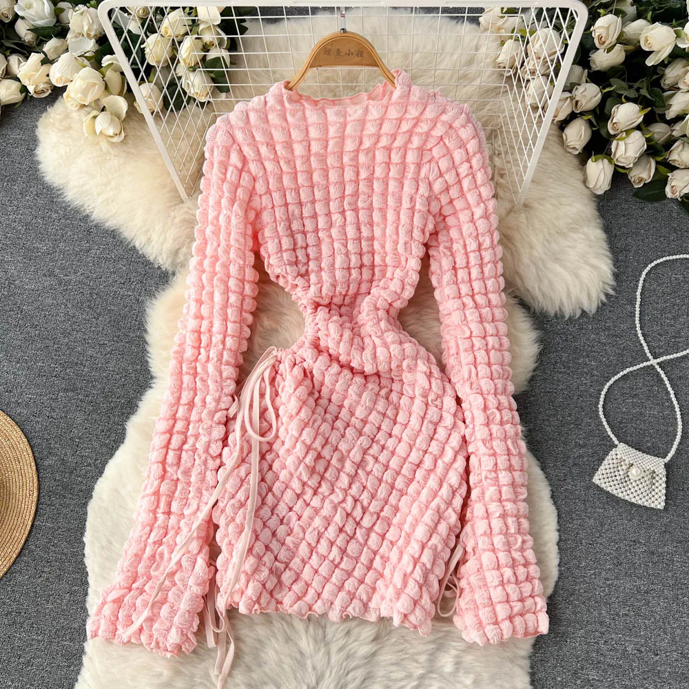 

French Women's Dresses Bubble Plaid Long-Sleeved Ladies Dress Autumn Women's Waist Lace-Up Short Korean Dress
