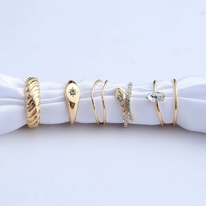 

2021 Korean Trendy Snake Shape Gold Silver Plated Diamond Women 6pcs Joint Finger Rings Set, Picture color or custom