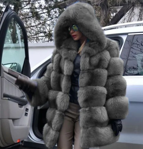 

Hot Sale Winter Warm Faux fox long Sleeve Trench Outwear Clothes Hooded Fur Women's Coat, Shown