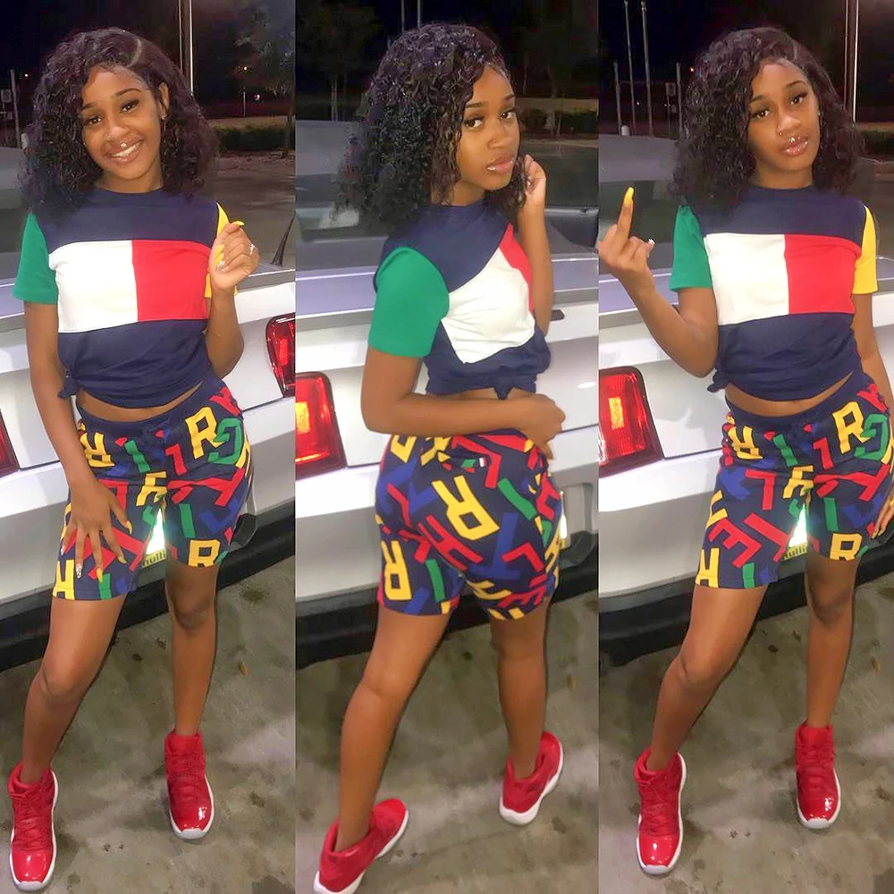 

wholesale hot sales Color matching leisure T-shirt + letter printing sport five pants women two piece set short 1046