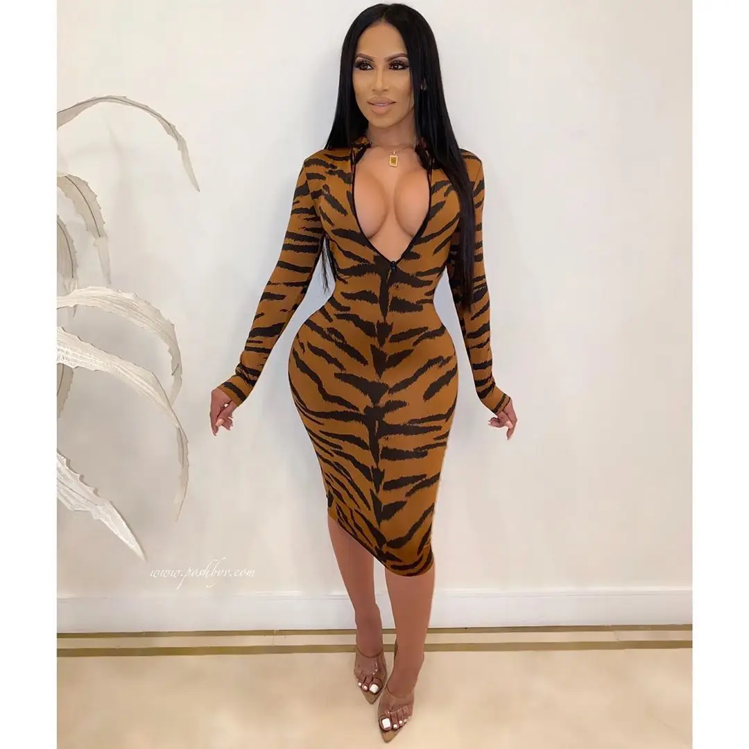 2020 new design zip up slim fit Leopard print one piece dress party and casual long sleeve O neck sexy dress