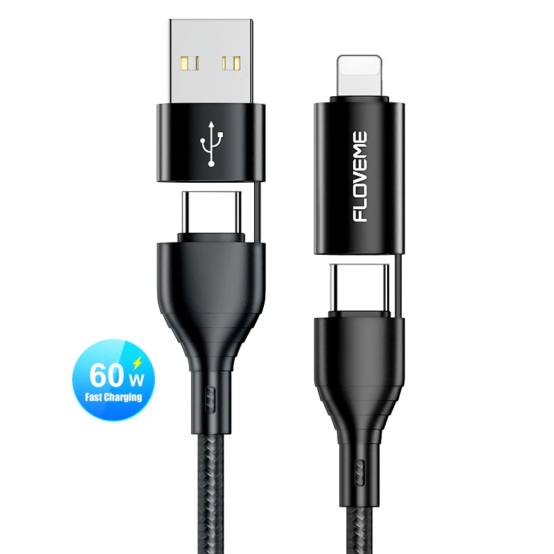 

DHL Free Shipping 1 Sample OK FLOVEME 60W Type-C For Lighting Usb Data Cable 4 in 1 Usb Charging Cable Custom Accept