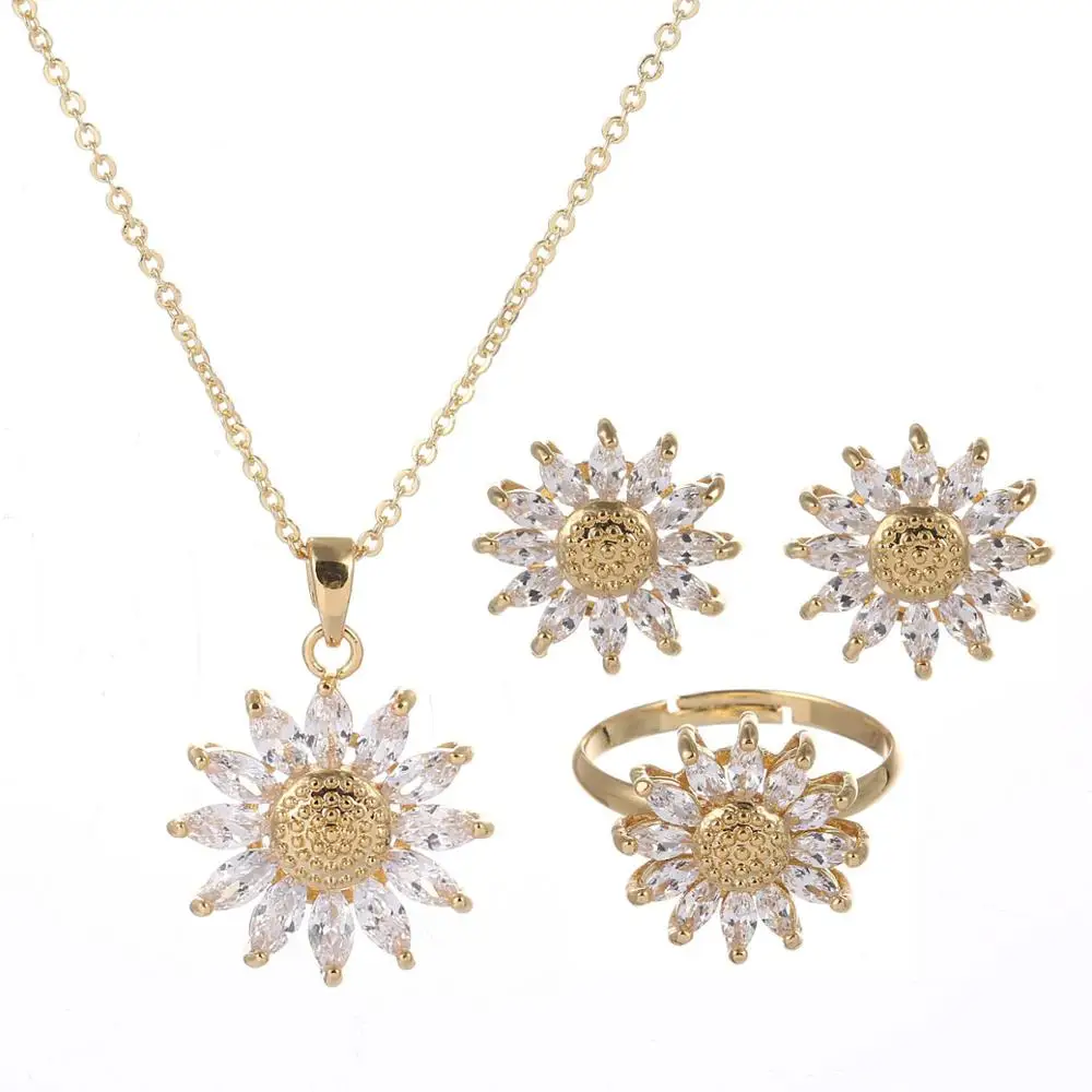 

Brand New Cubic Zirconia Sunflower Necklace Earrings Ring Real Gold Plated Crystal Cz Daisy Jewelry Set for Women