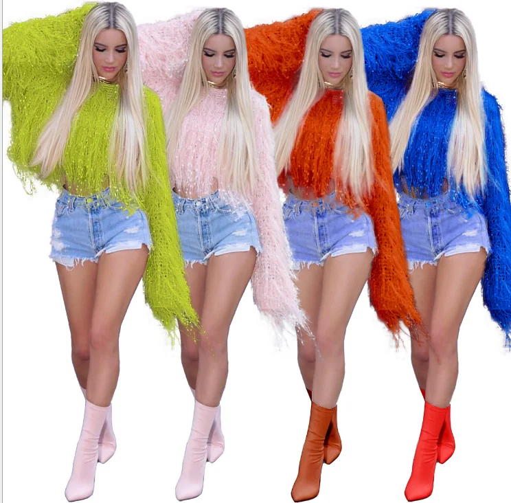 

cindy color fashion tassel fringe crop top women pullover sweater, Blue , red, green ,pink