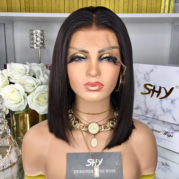 

10A 130% Density 12 Inch Straight Bob Black Short Lace Front Wigs For Black Women