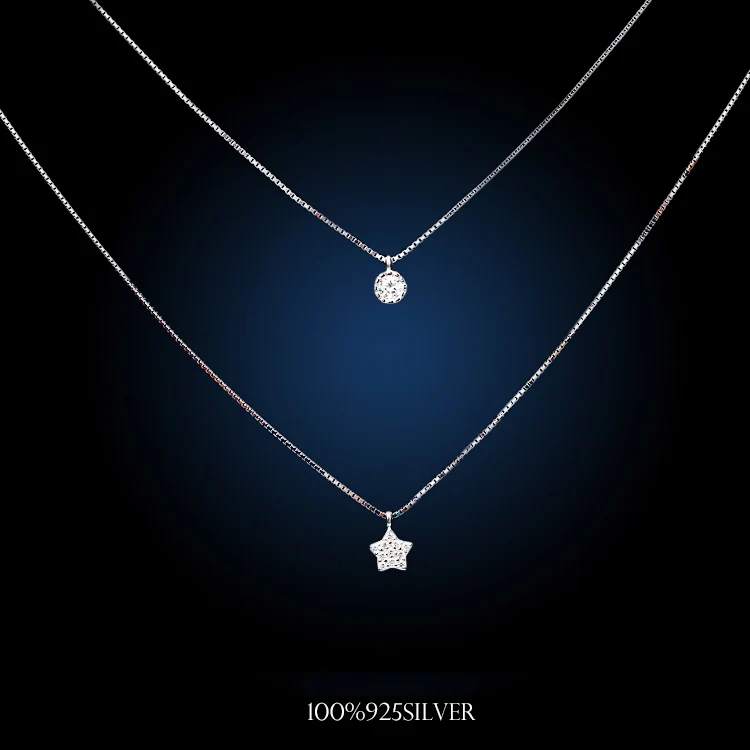 925 Sterling Silver  Star Double-deck  Necklaces &amp; Pendants for Women Fashion Lady Festival Gift Sterling-silver-jewelry