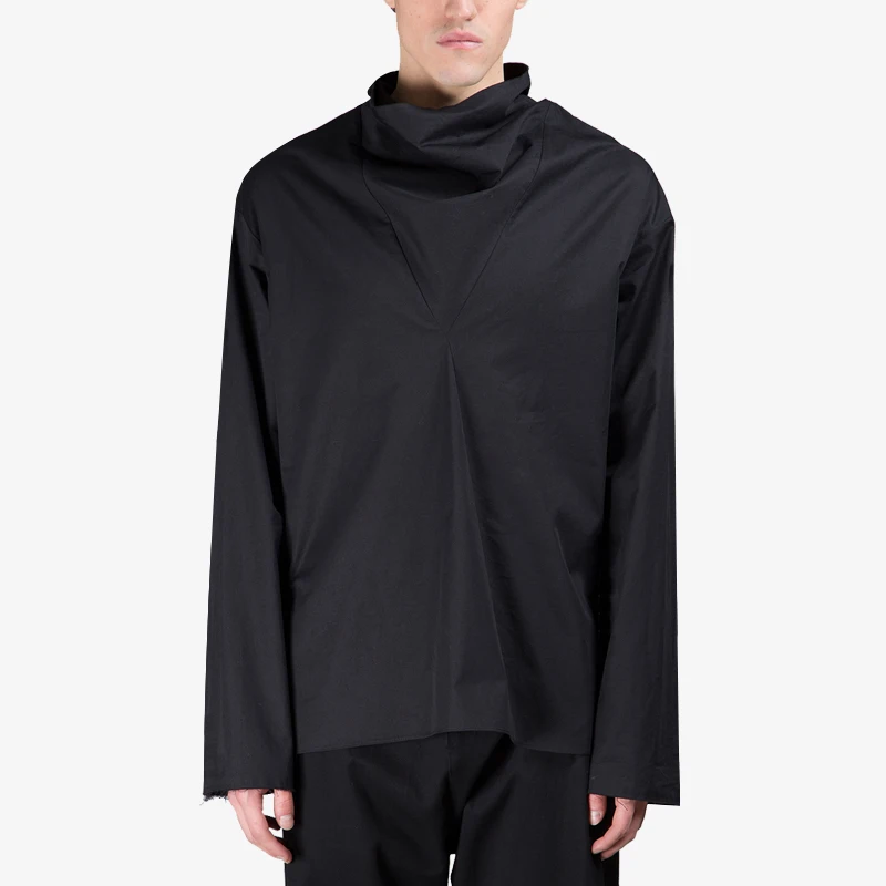 

Men's black shirt Long Sleeve High Neck Pullover Black Outline Loose Stand Collar Single Fold Simple Long Sleeve
