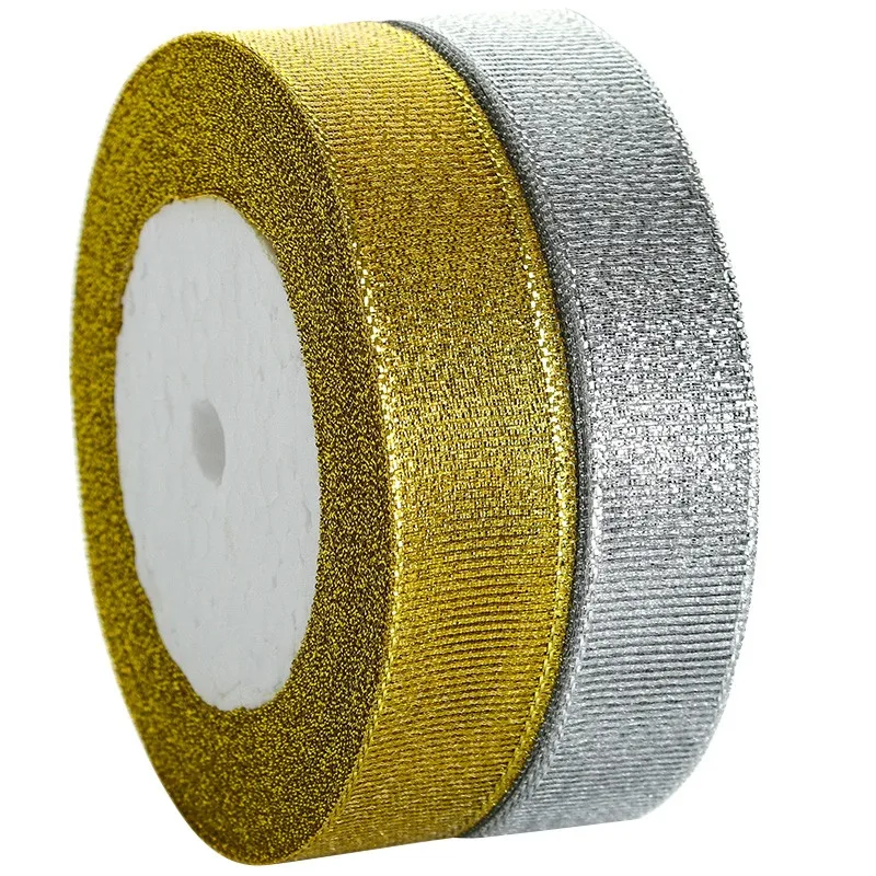 

Sotock wholesale 1 inch gold sliver glitter ribbon Gift wrap Colorful metallic ribbon