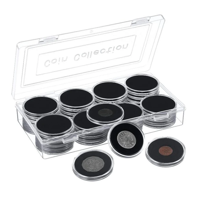 

Collectors Coin Collection Supplies Black Protect Gasket Inside Coin Capsules Holder Case with Storage Organizer Box, Clear