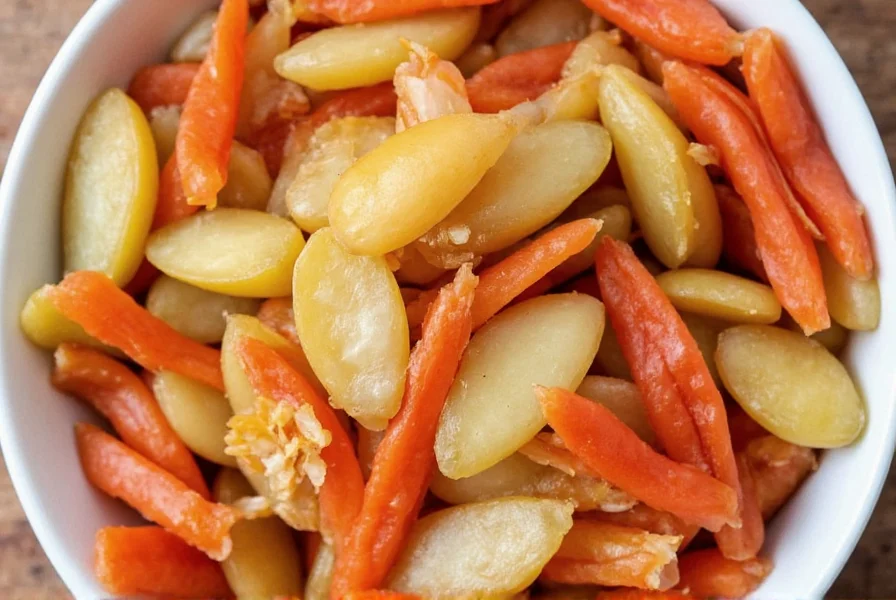Thinly sliced young ginger submerged in clear vinegar brine showing natural pink oxidation process