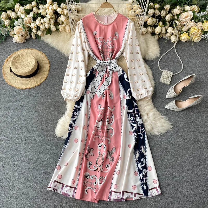 

Europe Fashion Elegant Clothing Long Sleeve New Style Lace up 2020 Trending Product Woman Floral Print Maxi Dress