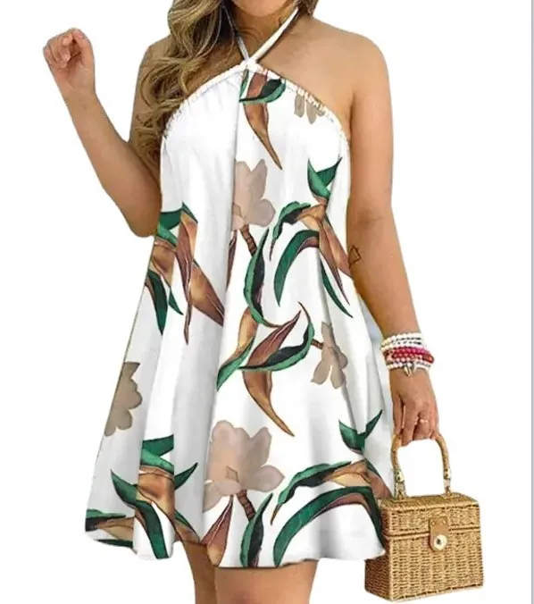 

high quality off shoulder loose printed Halter Dress Polyester fashion Plus Size sleeveless women Dresses