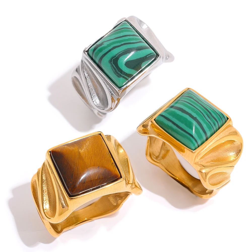 

JINYOU 643 Tarnish Free Malachite Tiger Eye Green Natural Stone Stainless Steel Metal Width Ring Women Vintage Fashion Jewelry