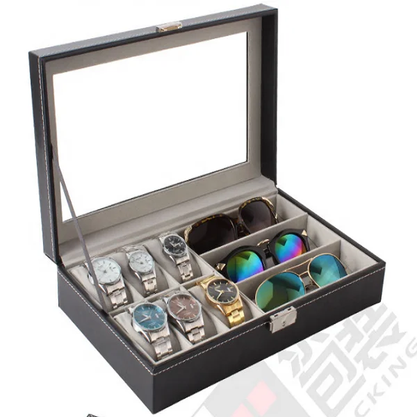 

Watch sunglasses box Glass Top Letherette Display Storage Case Box, Black or brown